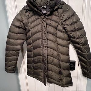 Muted green coat with hood, XS, excellent condition. Only worn a couple times